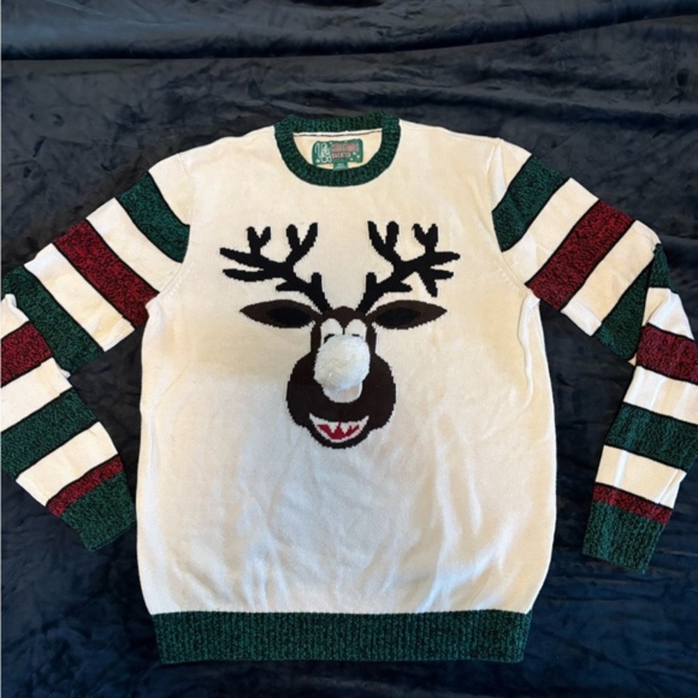Ugly Christmas Sweater - Cream, Green, Red Reindeer Design